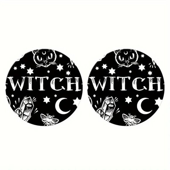 Witch-Themed Car Coasters - Set Of 2 - Moon & Stars Design - Round - Picture 2 of 12